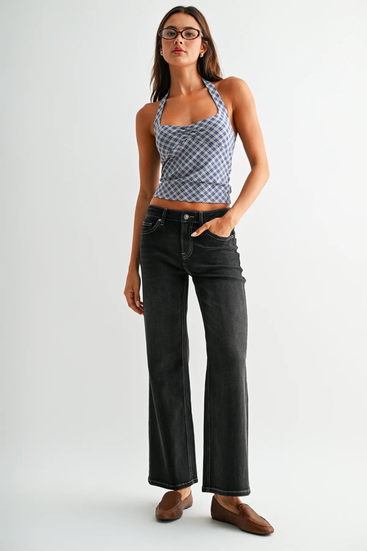 Ankle Wide Leg Faded Black Jeans by Mica