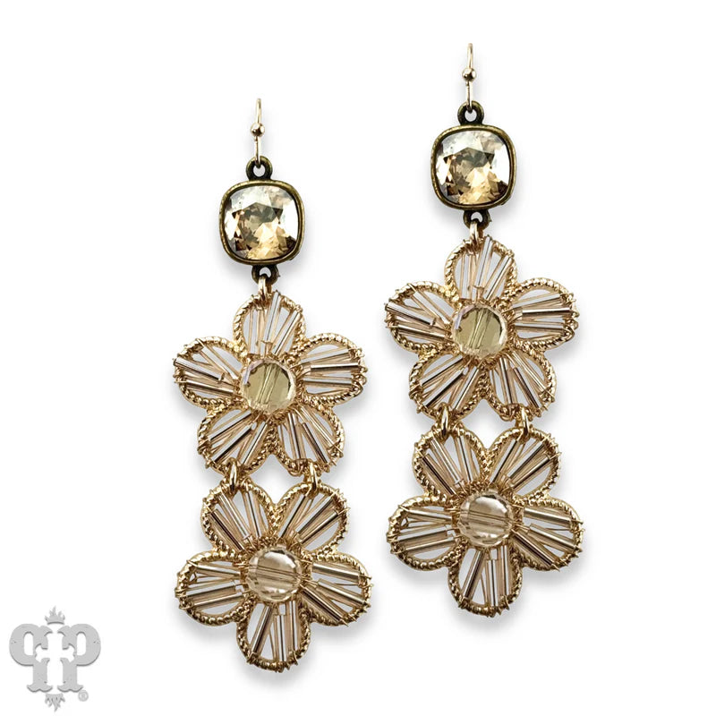 Double Flower Tan Brown Crystal Earrings