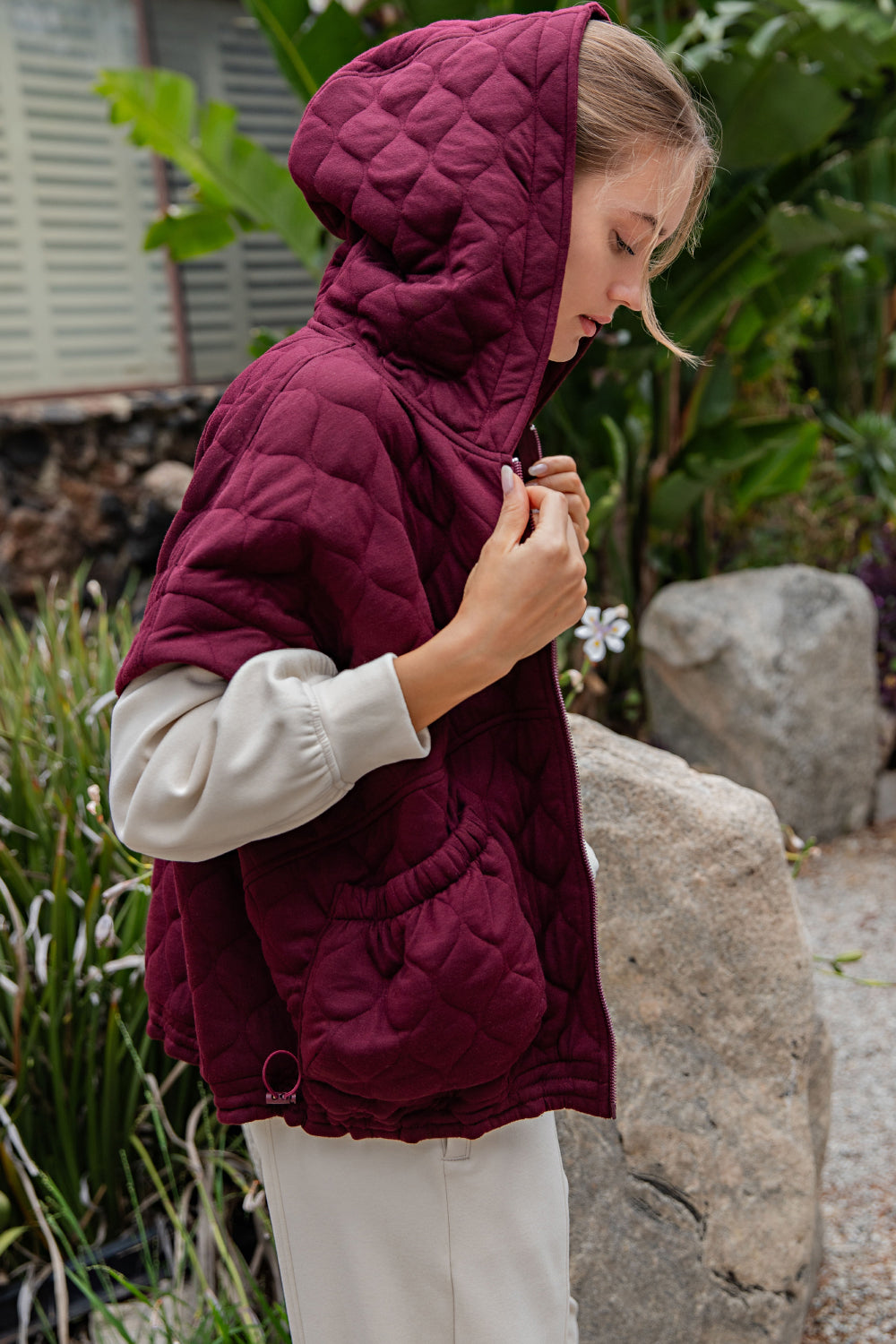 Oversized Quilted Cinch Hoodie Vest by Rae Mode