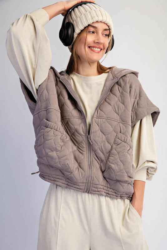 Oversized Quilted Cinch Hoodie Vest by Rae Mode