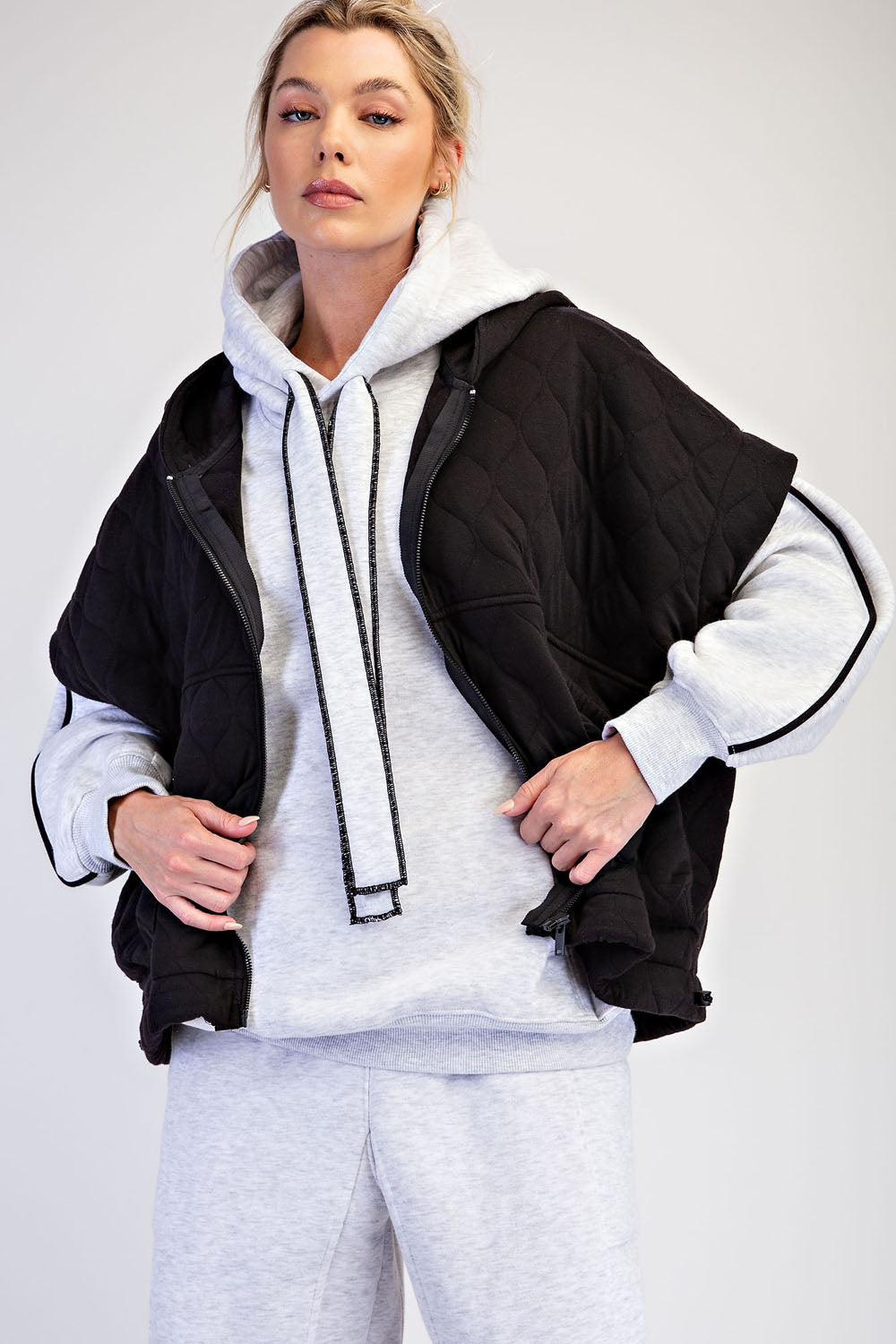 Oversized Quilted Cinch Hoodie Vest by Rae Mode