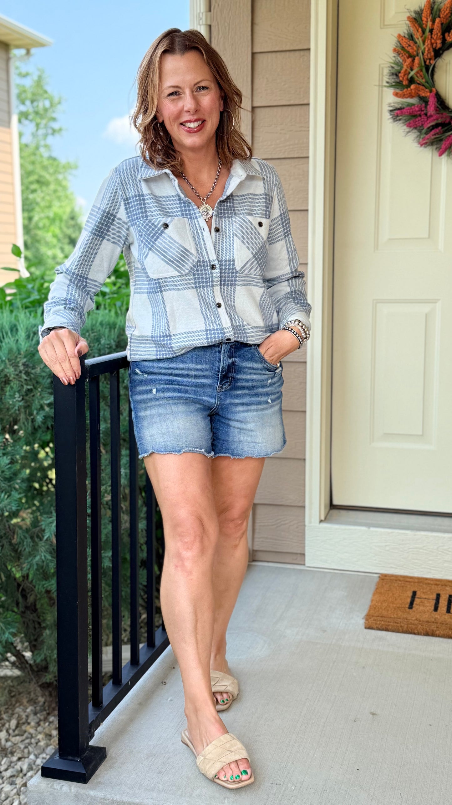 Dusty Blue and White Soft Flannel Button Up Shirt