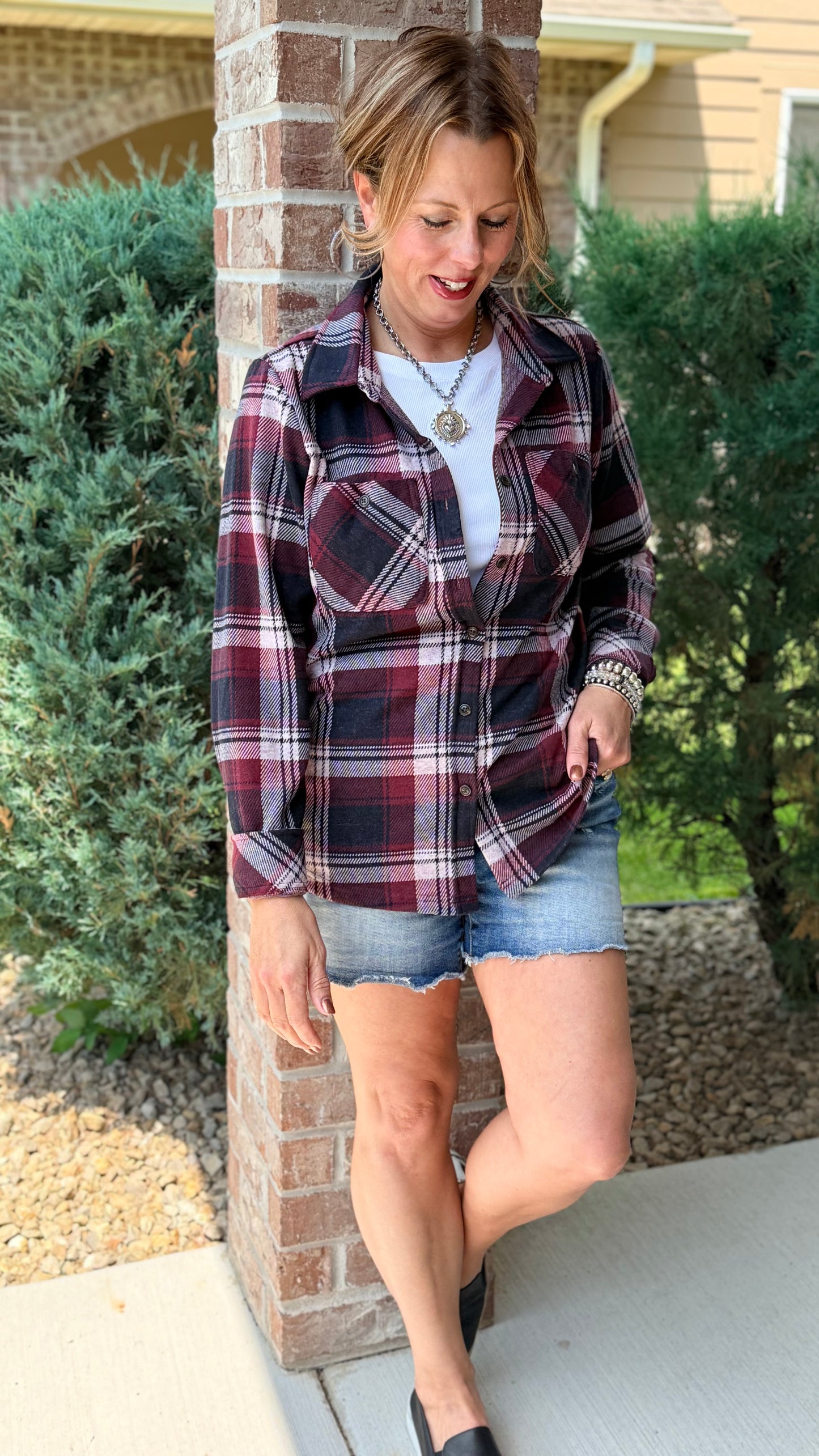 Maroon, Charcoal, White Plaid Soft Flannel Button Up Top