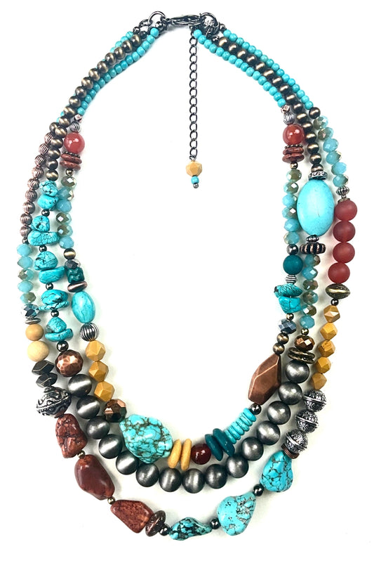 Triple Strand Mixed Media and Colorful Necklace Lost and Found