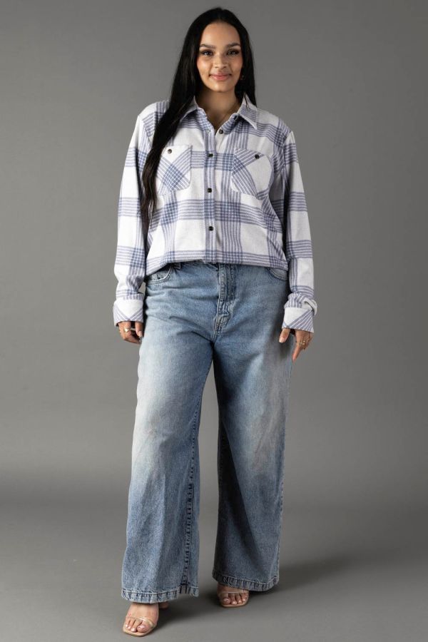 Dusty Blue and White Soft Flannel Button Up Shirt