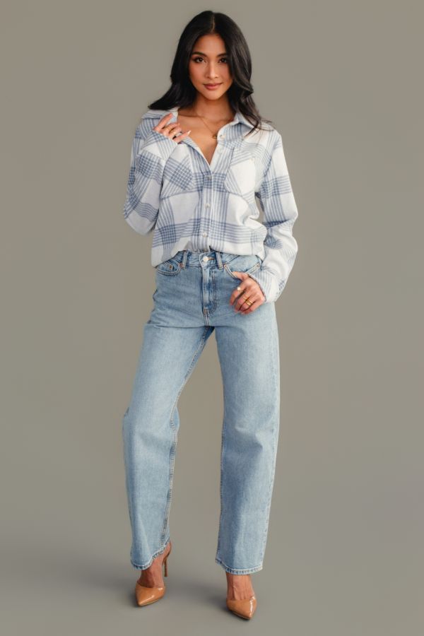 Dusty Blue and White Soft Flannel Button Up Shirt