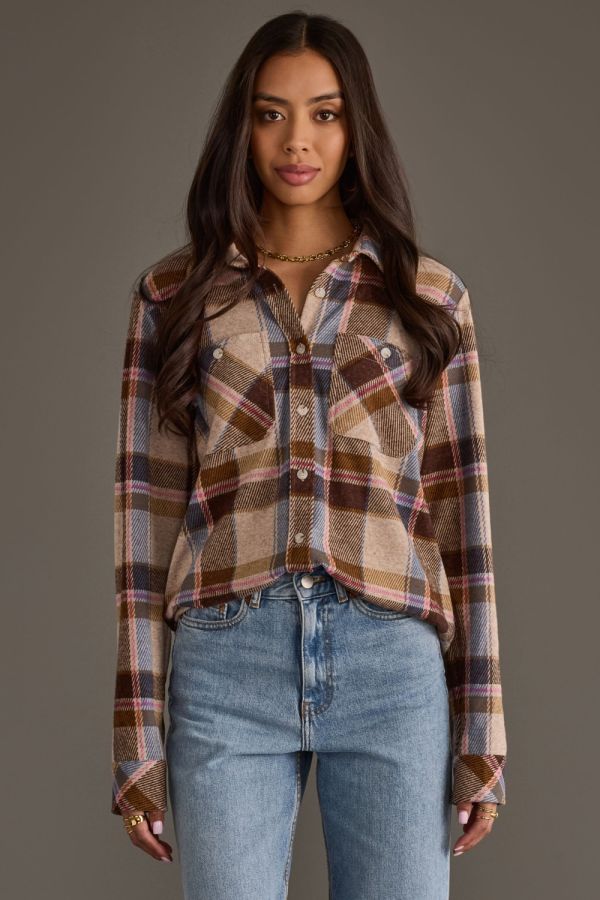 Brown, Pink and Blue Soft Flannel button up
