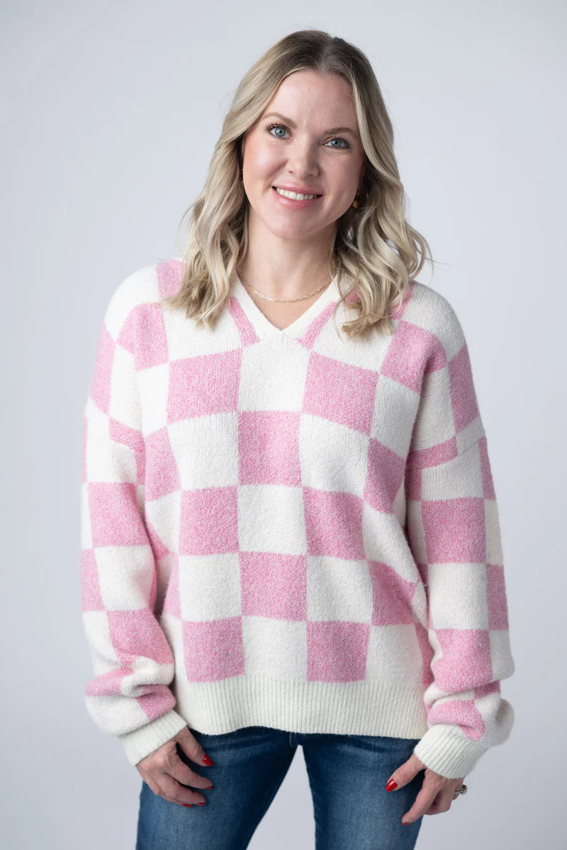 Pink Checkered Hoodie Sweater