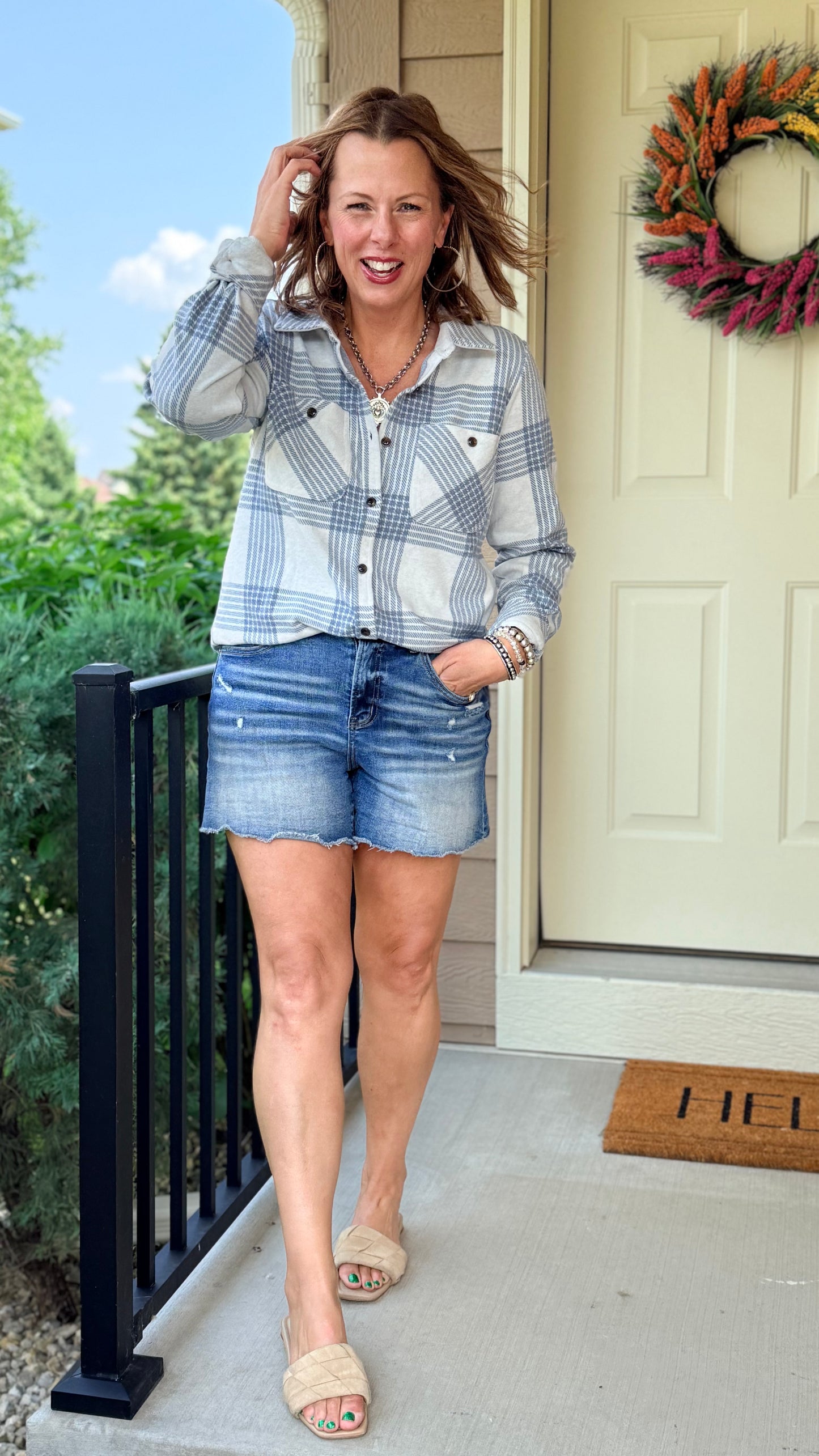 Dusty Blue and White Soft Flannel Button Up Shirt