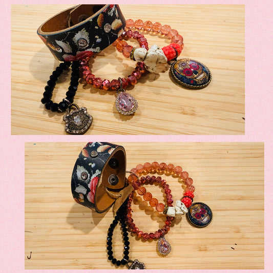 Sandra Ling Leather and Stretch Bracelet set