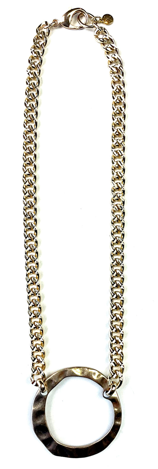 Thick Curbed Chain with Hammered Ring Necklace