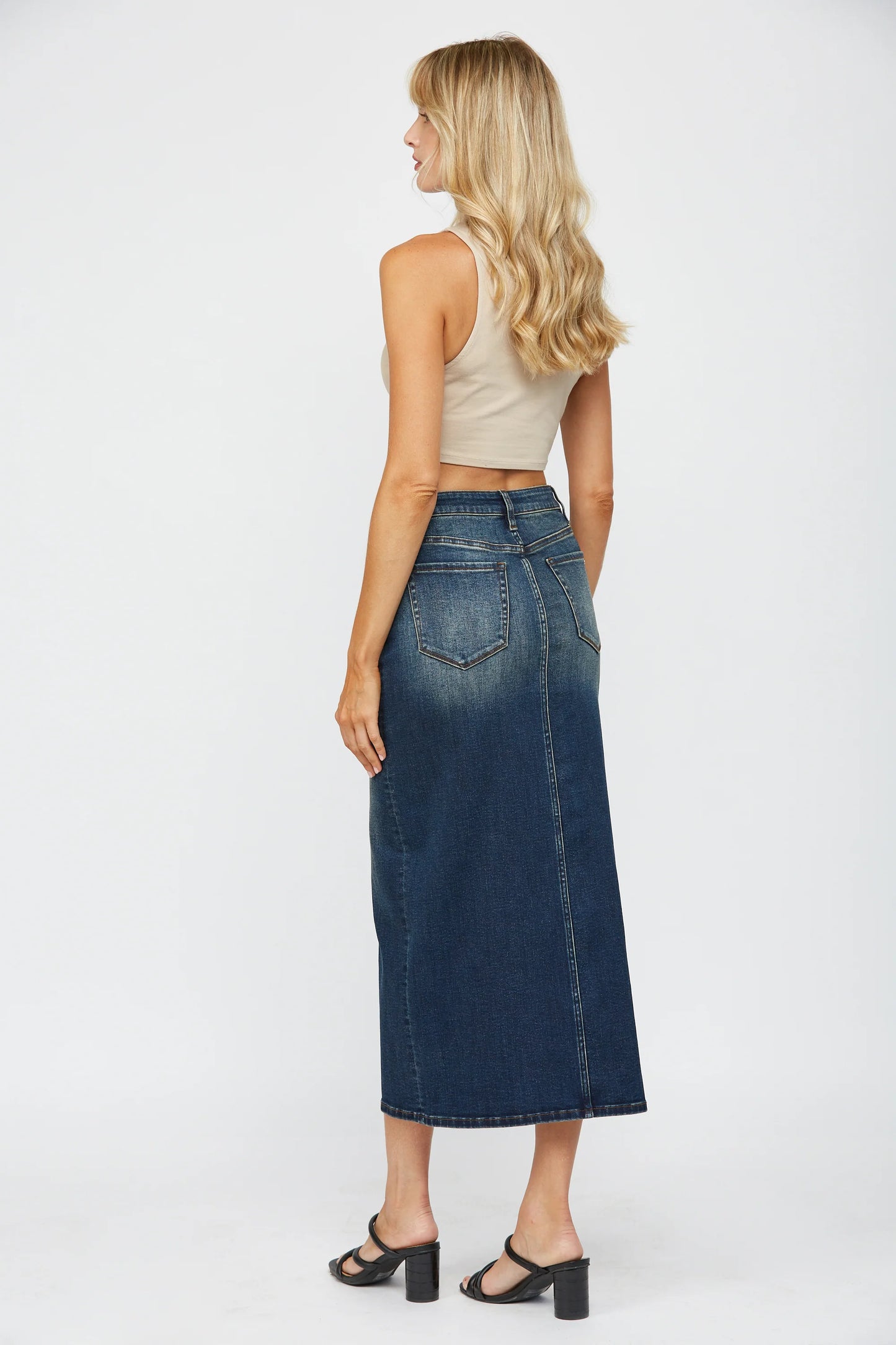 Midi with Front Slit Denim Skirt