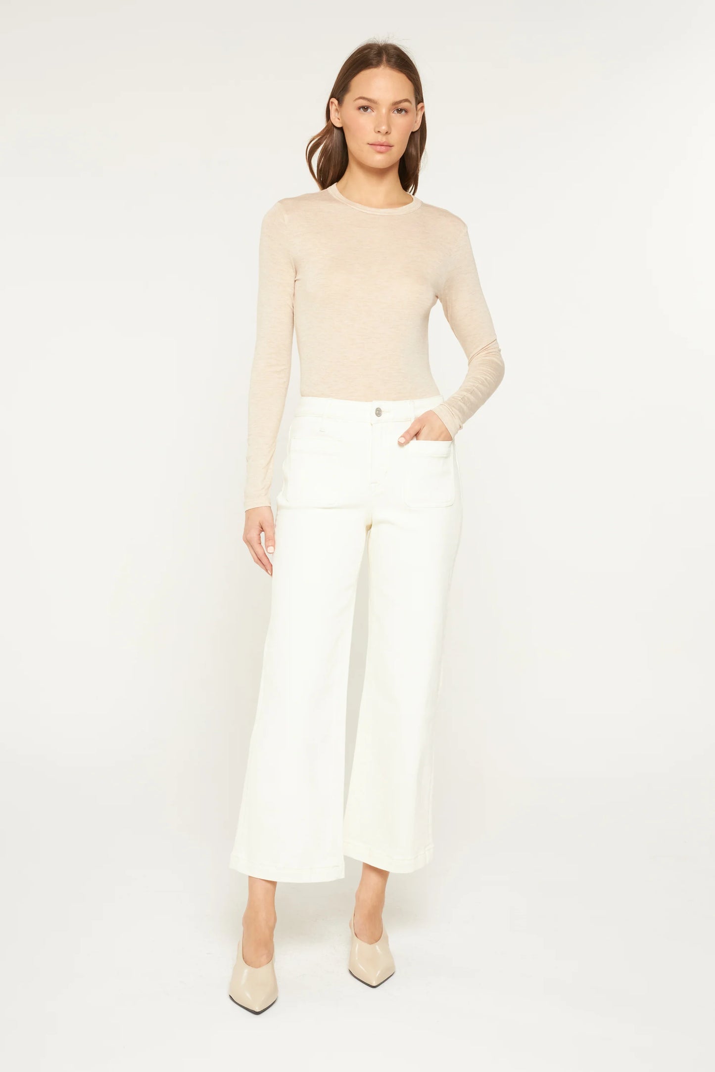 Cropped Wide Leg Patch Pocket Jeans in White Chocolate By Mica