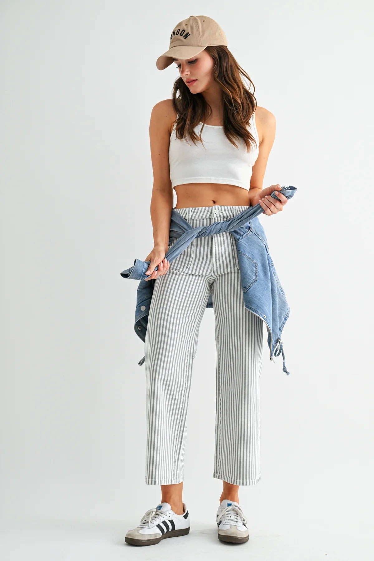 Wide Leg Cropped Gray Stripe Patch Pocket Jeans by Mica