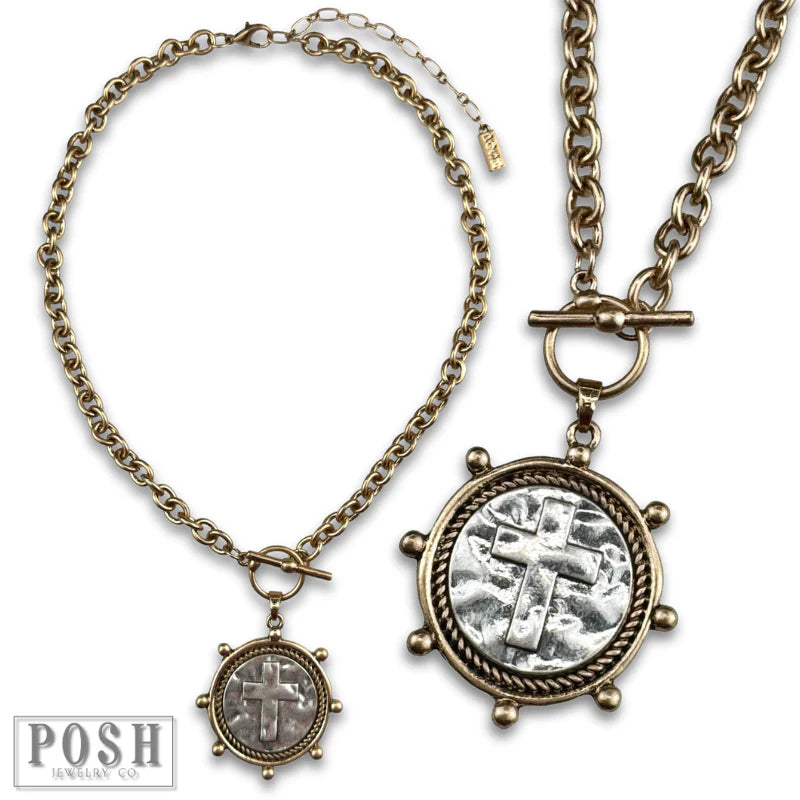 Two Toned Cross Pendant Necklace