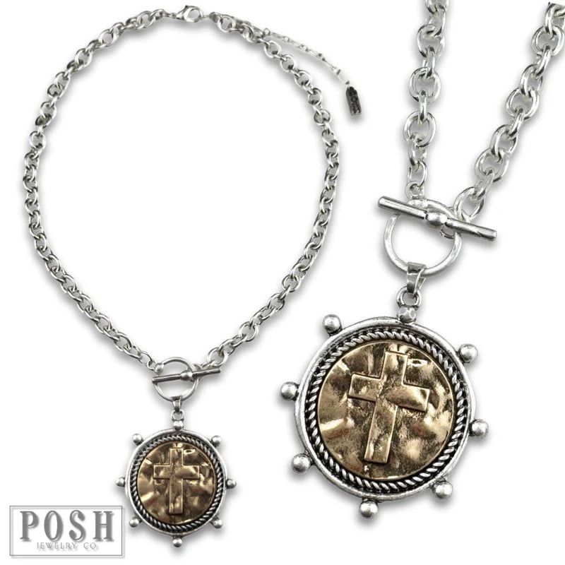 Two Toned Cross Pendant Necklace