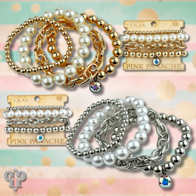 Pearl Bead and Chain All Stretch Bracelet Set