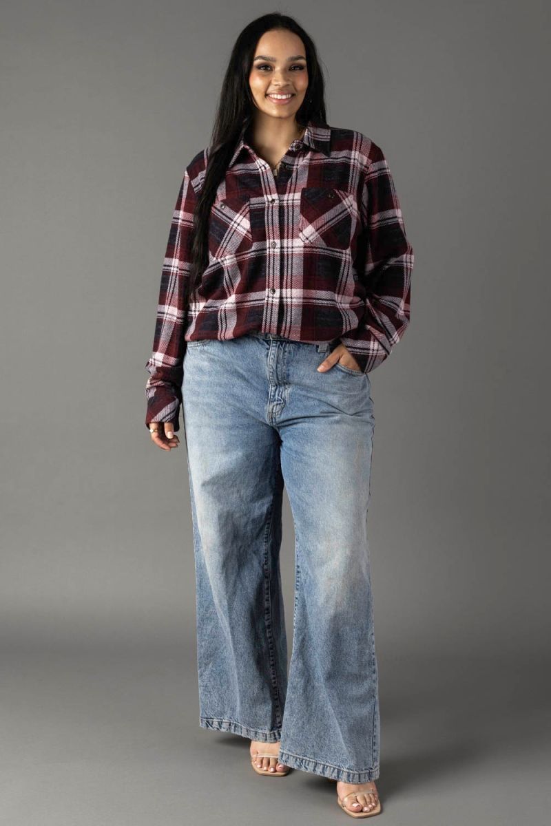Maroon, Charcoal, White Plaid Soft Flannel Button Up Top
